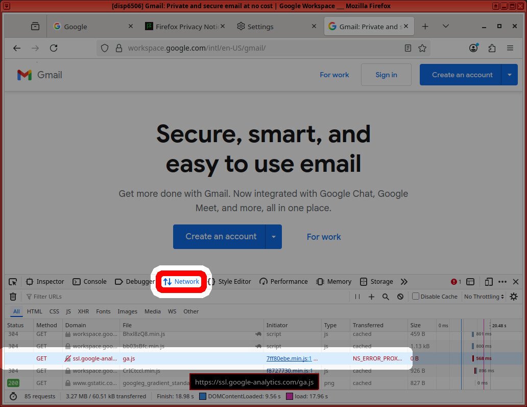 Screenshot of firefox browser showing the debugger open on the "network" tab, with a single row highlighted showing an error on 'ssl.google-anal...' NS_ERROR_PROX...