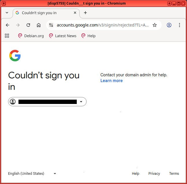 Screenshot of a browser showing a failed google signin attempt, with the message "Couldn't sign you in / Contact your domain admin for help."