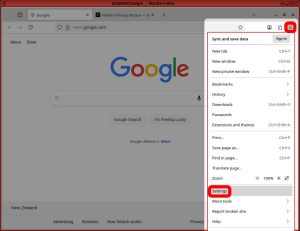 Screenshot of firefox browser showing the hamburger menu open, and "Settings" highlighted