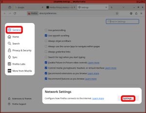 Screenshot of firefox browser's settings with "General" and "Network Settings -> Settings" highlighted
