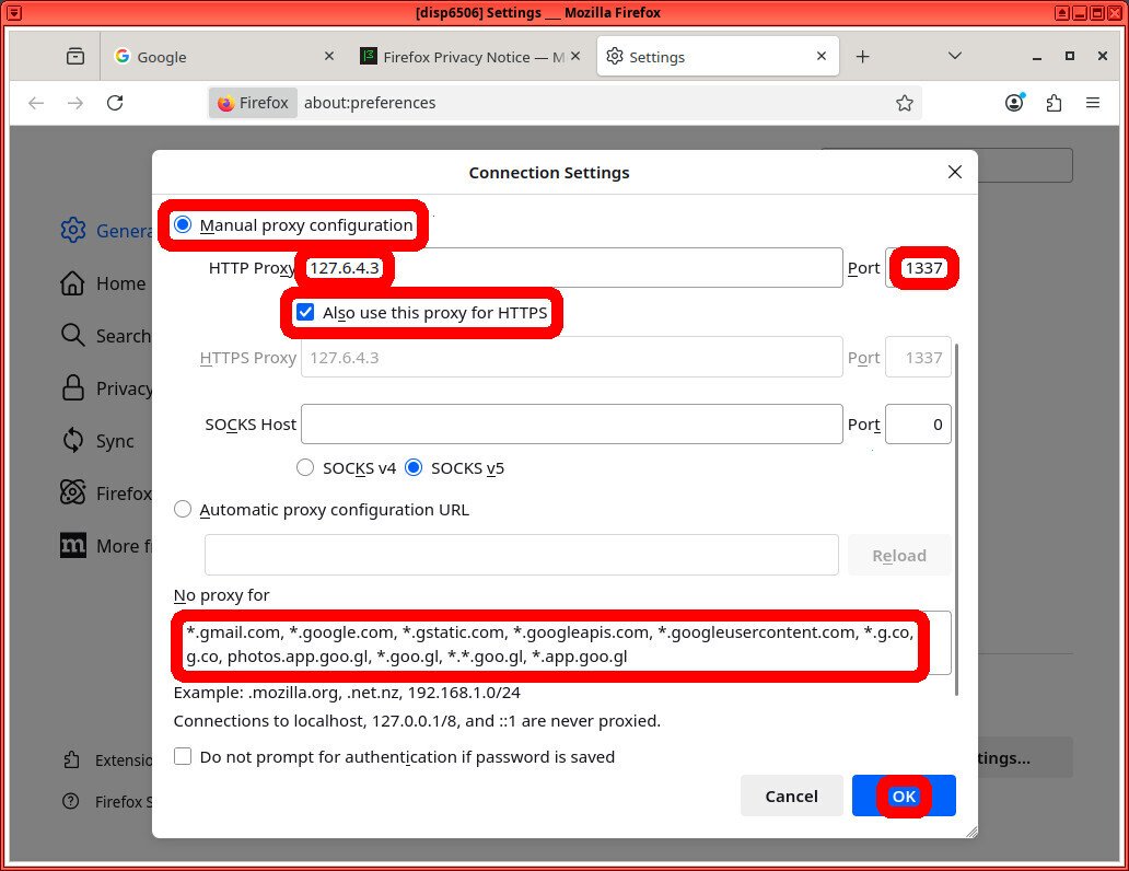 Screenshot of firefox browser showing the "Connection Settings" modal, and "Manual proxy configuration", "HTTP Proxy = 127.6.4.3", "Port = 1337", "Also use this proxy for HTTPS", and "No proxy for ..." fields highlighted