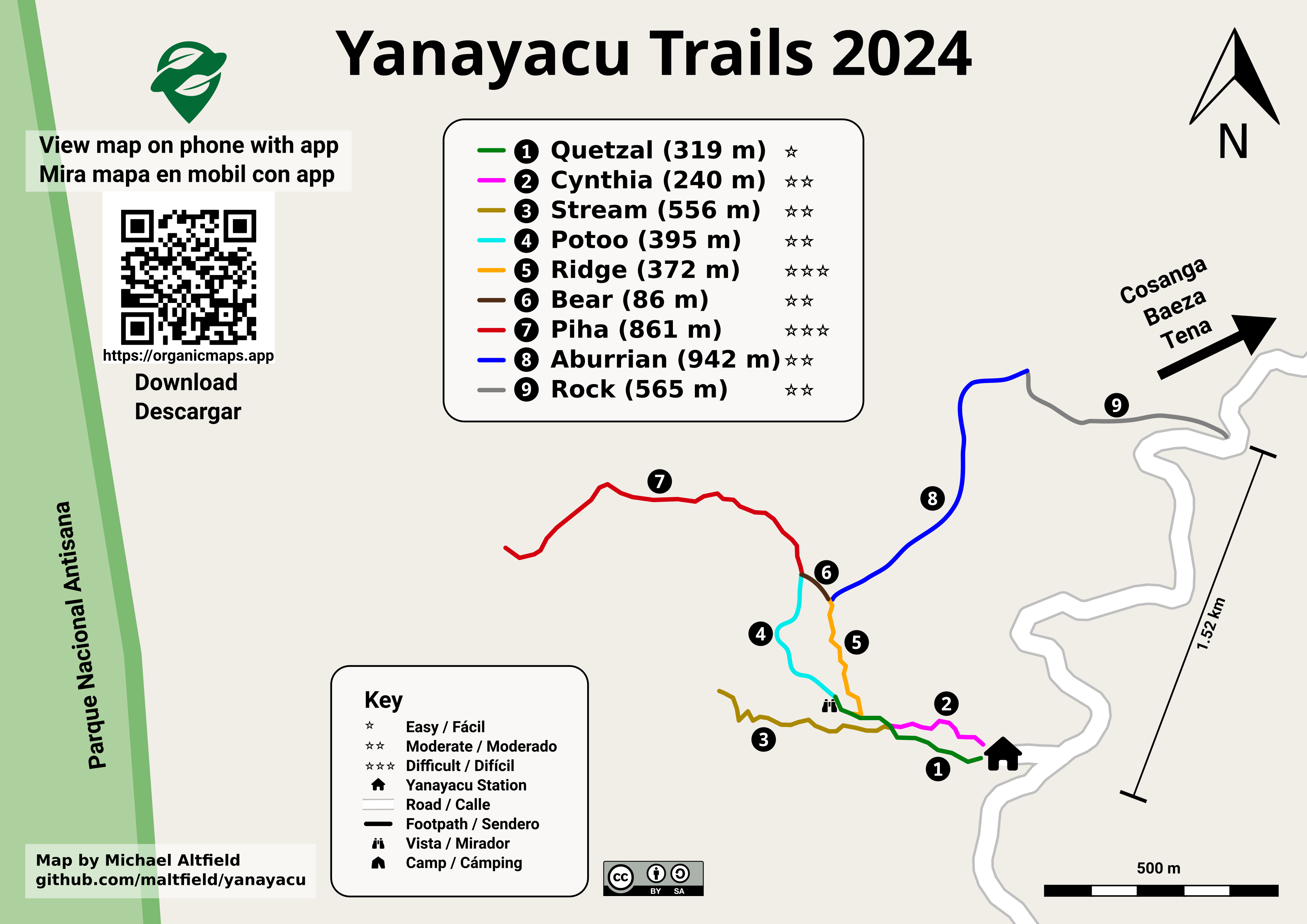 Image shows a "trail guide" map. The title reads "Yanayacu Trails 2024". The bottom-left has a small font that reads "Map by Michael Altfield / github.com/maltfield/yanayacu"